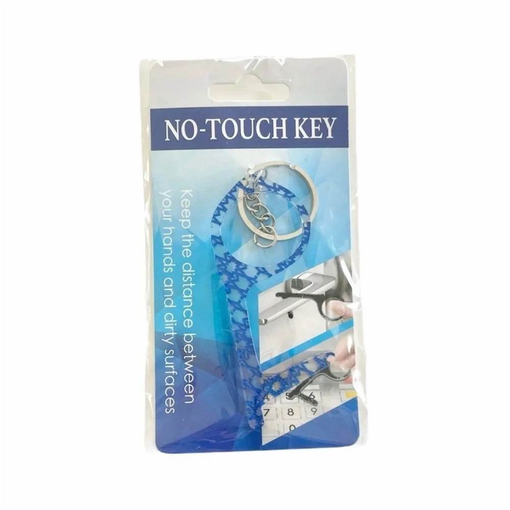No-Touch Key and Door Handle Opener Keychain Blue Pattern Print Design